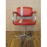 Mid Century faux red leather and steel swivel chairs H : 77 cm W :55 ( 6 items )