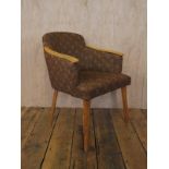 A pair of Mid Century beech wood & brown upholstered armchair with beech arm rests H : 79cm W : 53