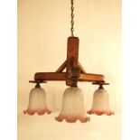 Vintage wooden 3 arm pendant with glass shades H : 70 cm