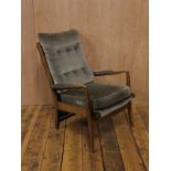 Mid Century teak armchair with pale green upholstery and buttoned back rest H : 95 cm W : 64 cm