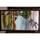 1930's leaded glass countryside scene window in a wood and steel frame