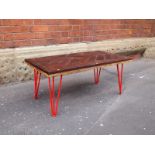 Contemporary iroko panga hatch top coffee table with steel hairpin legs in yellow H: 40 L: 91 W: 63