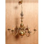 Antique polished brass 6 arm Flemish chandelier with gothic fish detail H : 107 cm