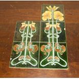A quantity of 5 Victorian glazed green tiles with yellow floral design - a/f