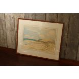 Original watercolour of a beach scene in simple stained oak frame 40 x 50 cm