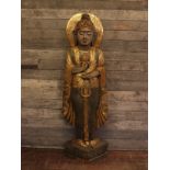 20thC carved wooden buddha statue in gold and sage green H : 160 cm W : 50 cm