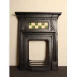 Victorian cast iron combination fireplace with cream and green chequered tiles H: 133 W: 91 cm