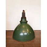 Industrial enamel bell shade in bottle green coming with original gallery fixture H: 55 W: 45 cm