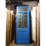 Victorian pitch pine and mottled leaded glass room dividers painted in a bright blue finish H: 248