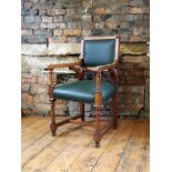 Pitch pine and green leather upholstered carver chairs H : 100 W : 57 cm