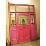 Victorian painted pine and leaded glass exterior door with matching side and top panels,
