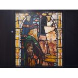 Victorian painted stained glass panel showing an artist at work H: 102 W: 143 cm