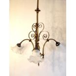 Victorian 3 arm brass chandellier with frosted glass floral shades H : 96 cm
