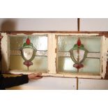 Art Deco stained glass window with 2 decorative panes in a painted white frame H: 46 W: 108 cm