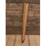 20thC oak cricket stump set including ball and bat H: 79 cm