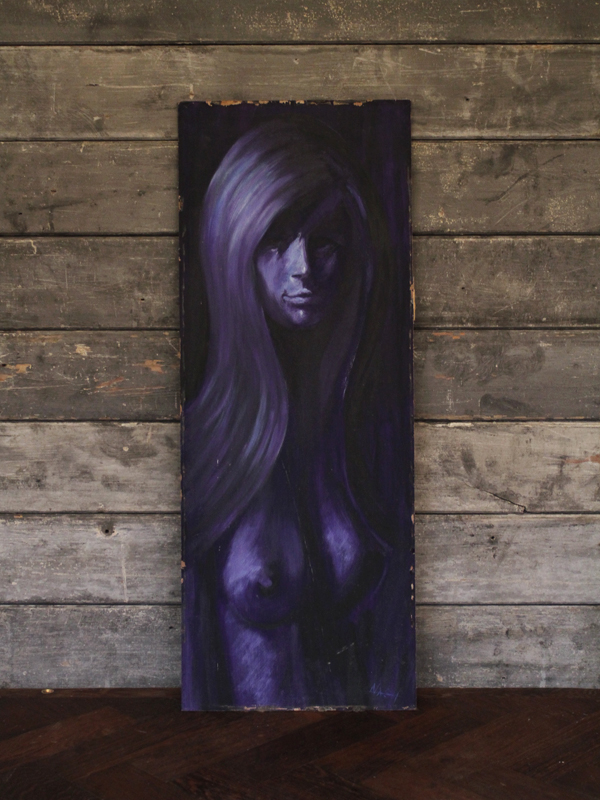 A Mid Century black and purple oil painting of a slender female figure H : 79 W: 25 cm