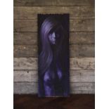 A Mid Century black and purple oil painting of a slender female figure H : 79 W: 25 cm