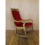 Victorian mahoghany rocking chair with deep buttoned red velour upholstery H : 94 W : 53 cm