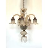 Antique frosted glass 5 Arm floral chandelier coming with petal pendalogues H : 68 cm