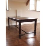 Antique dark oak dining table with single cross stretching base H : 77 L : 199 W : 90 cm