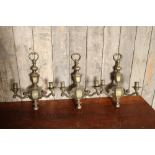 A set of 3 Victorian Style brushed brass wall lights with candle lamp holder H: 40 cm