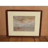 Late 20thC watercolour painting of a seascape and faint volcanic activity.