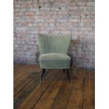 Mid Century pale green velvet upholstered cocktail chair with tapered beech legs H: 74 W: 62