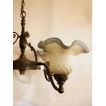 Victorian brass three-arm pendant lamp with glass shades H : 75 cm