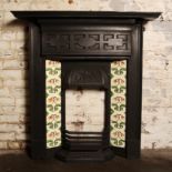 Victorian cast iron combination tiled fireplace tiles with green and light coloured flower H: 121