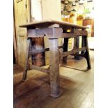 Reconditioned oak top table on industrial steel base with riveted joint detail L: 122 cm