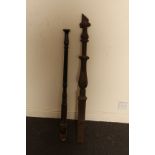 2 Victorian cast iron newel posts varying in design H: 110 & 100 cm