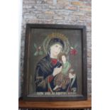 An antique Notre Dame du Perpetuel Secours picture in an oak frame 114 x 95 cm