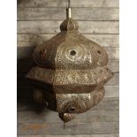 20thC distressed brass Moroccan style pendant light with perforated design
