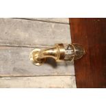 Small industrial polished brass swan neck light with clear glass