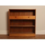 Mid Century teak shelving unit with glass sliding doors and 2 drawer section H: 97 W: 102