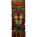 A fine stained glass panel depicting "St James" above Gothic arches 121 x 41 cm