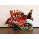 Mid Century glazed ceramic fish light with flamboyant nautical interior and colour H : 24 W : 36