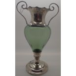 Hallmarked silver inverted balluster green glass vase with silver base, top and twin handles,