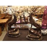Pair of mirror image bronze stags on block marble plinths, signed J Moignin,