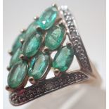 9ct gold fancy emerald and diamond cluster ring,