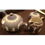 Collection of blue and white Wedgwood jasperware including a teapot,