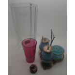 Heavy glass vase, Mary Gregory cranberry tumbler,