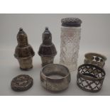 Collection of silver and silver plated items including napkin rings,