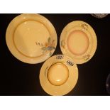 Three Clarice Cliff plates and saucers in different patterns