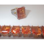 Sterling silver fancy orange stone set ring and bracelet set,