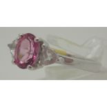 Sterling silver, rhodium plated pink and white stone ring,