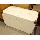 Antique wooden luggage chest with brass corners,