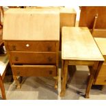 Antique oak drop leaf dining table and a vintage oak bureau with fitted interior and three drawers,