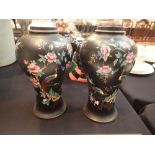 Two Crown Devon Chelsea black background floral vases