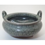 Chinese grey crackleware pottery censer with twin handles,